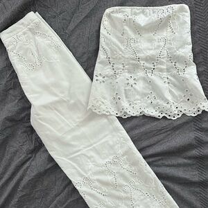 Women’s eyelet embroidered 2-pcs set, long wide high waist pants,co-ord size m/6